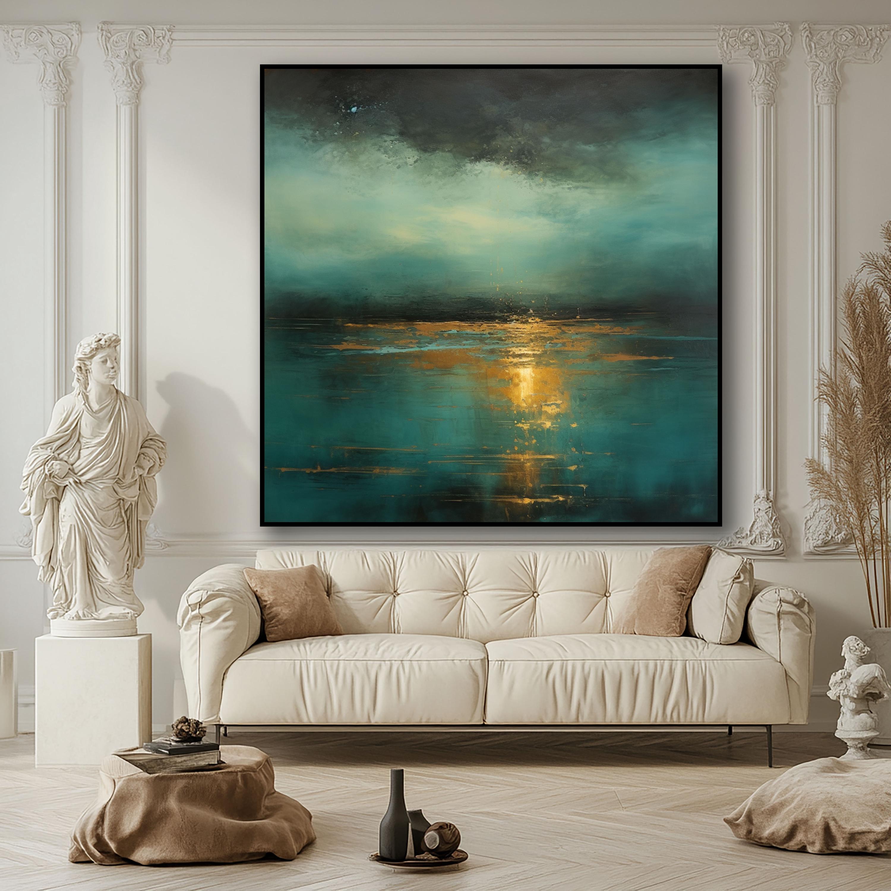 Serene Horizon - Abstract Landscape Oil Painting with Gold Accents