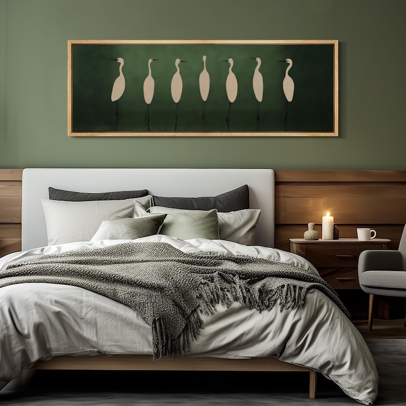 Emerald Stillness - Minimalist Crane Bird Oil Painting