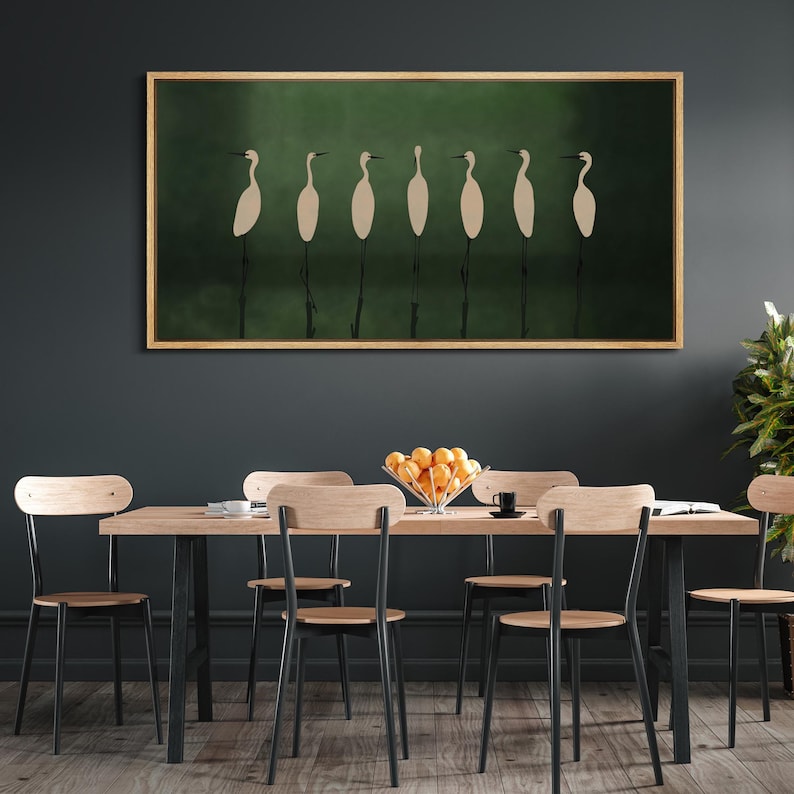 Emerald Stillness - Minimalist Crane Bird Oil Painting