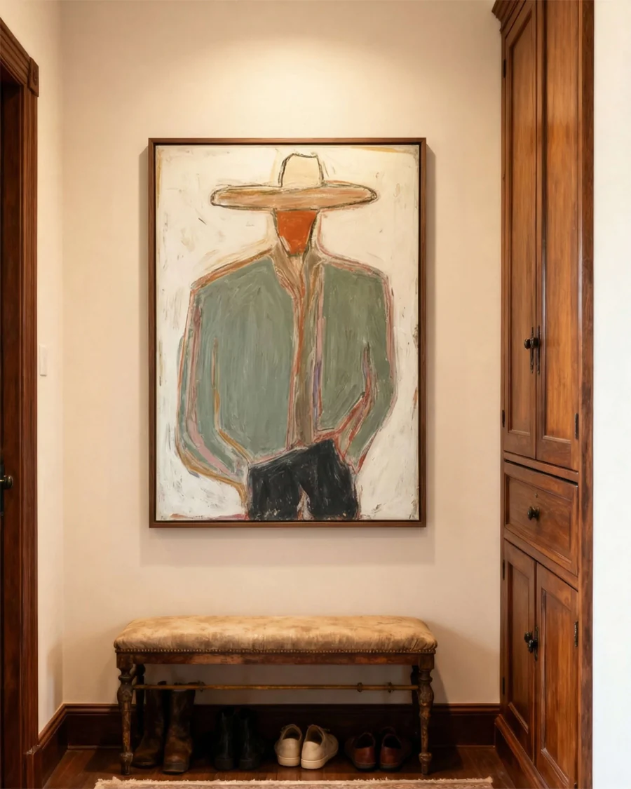 Western Sentinel – Hand-Painted Minimalist Cowboy Figure Oil Painting