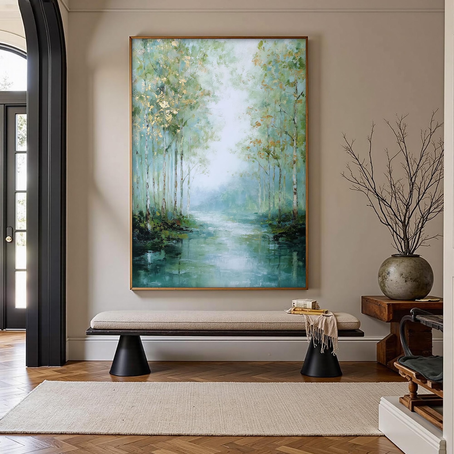 Whispers Through the Trees – Abstract Forest Canvas Wall Art, Tranquil River Landscape Painting for Modern Home Decor