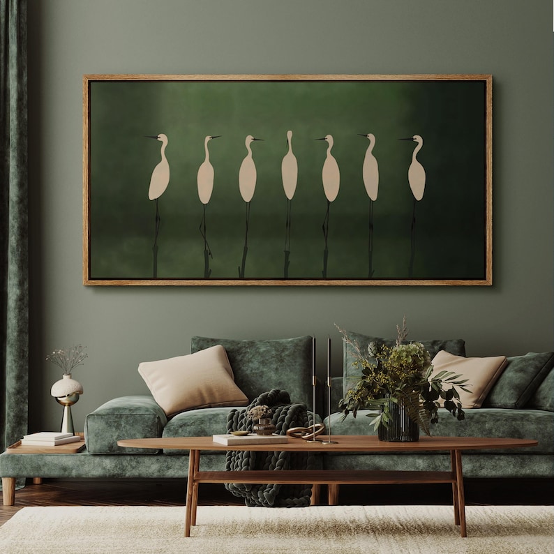 Emerald Stillness - Minimalist Crane Bird Oil Painting