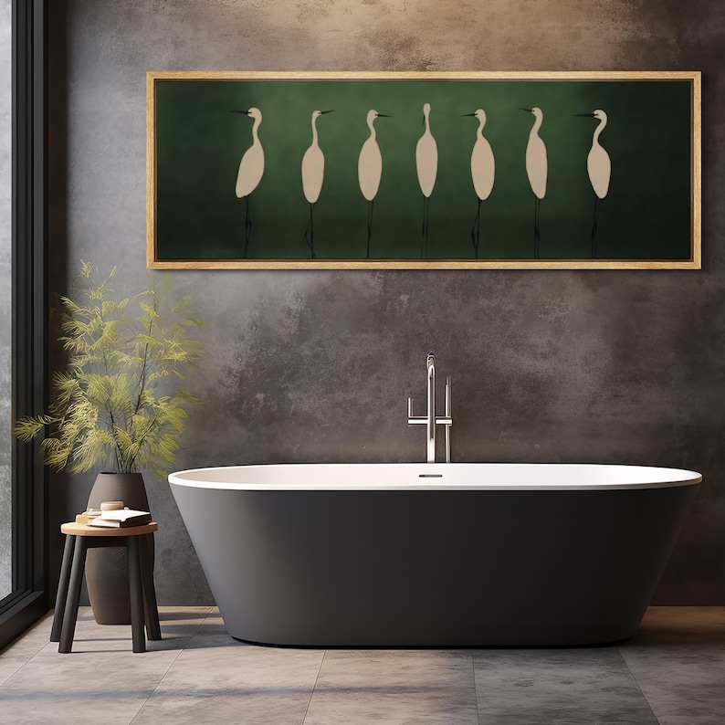 Emerald Stillness - Minimalist Crane Bird Oil Painting