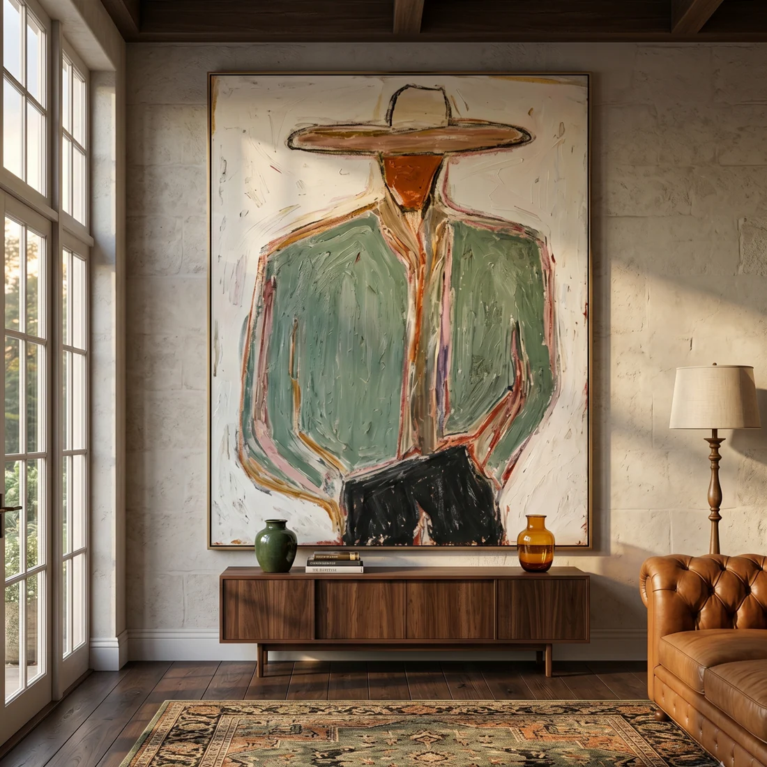 Western Sentinel – Hand-Painted Minimalist Cowboy Figure Oil Painting