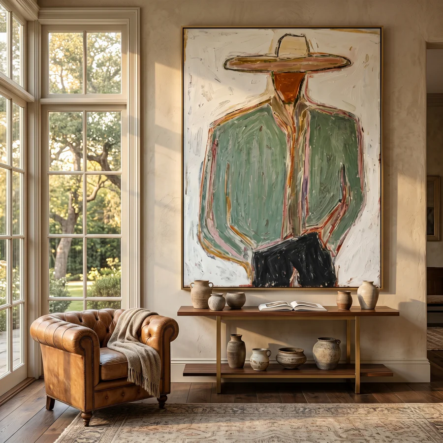 Western Sentinel – Hand-Painted Minimalist Cowboy Figure Oil Painting