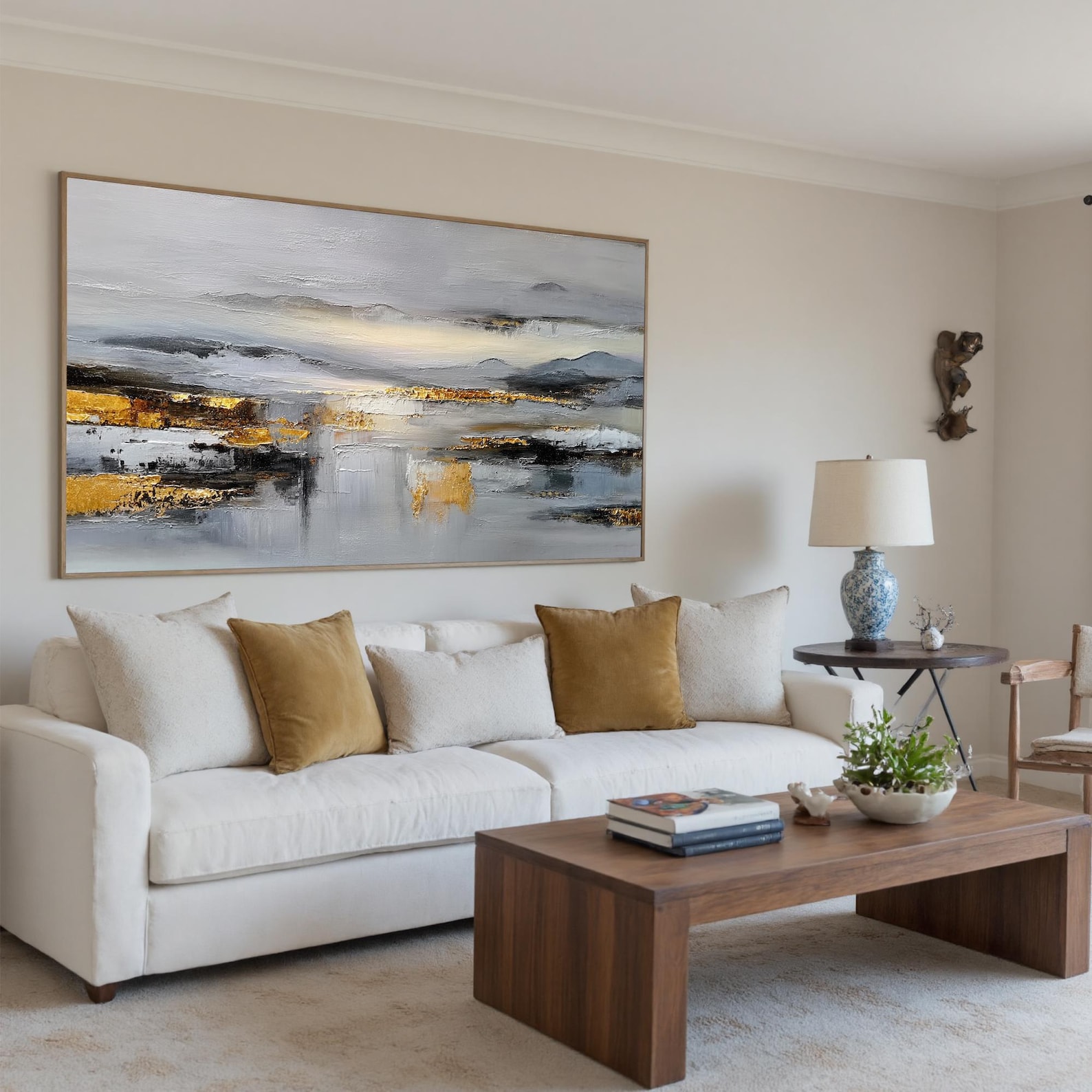 Golden Mist Horizon – Hand-Painted Textured Abstract Landscape Canvas Wall Art