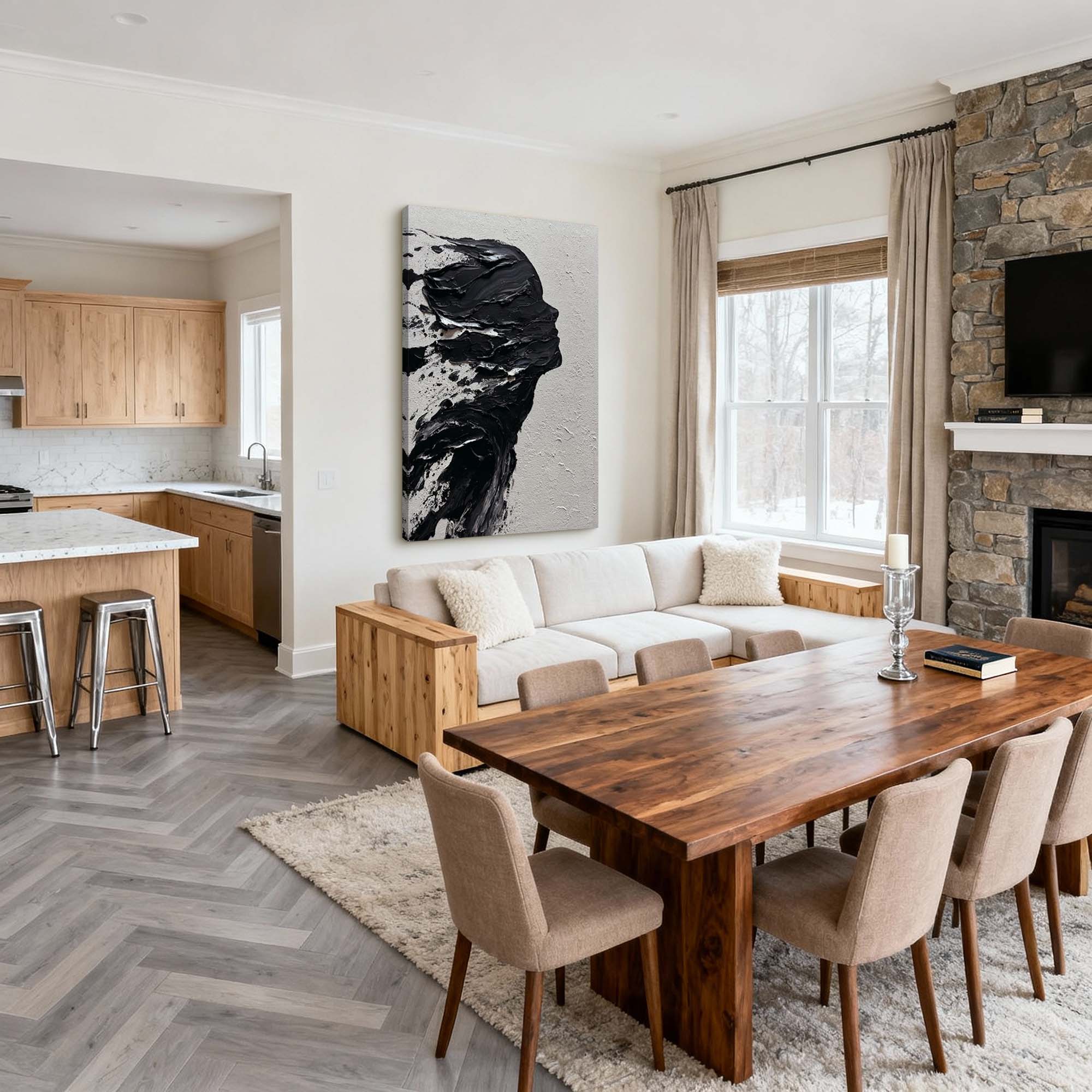 Ethereal Dissolution” – Black Abstract Portrait Wall Art, Textured Minimalist Figure Painting