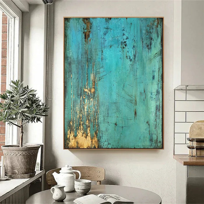 Turbulent Blues – Hand-Painted Abstract Wall Art with Textured Oil Brushwork for Modern Kitchen Decor