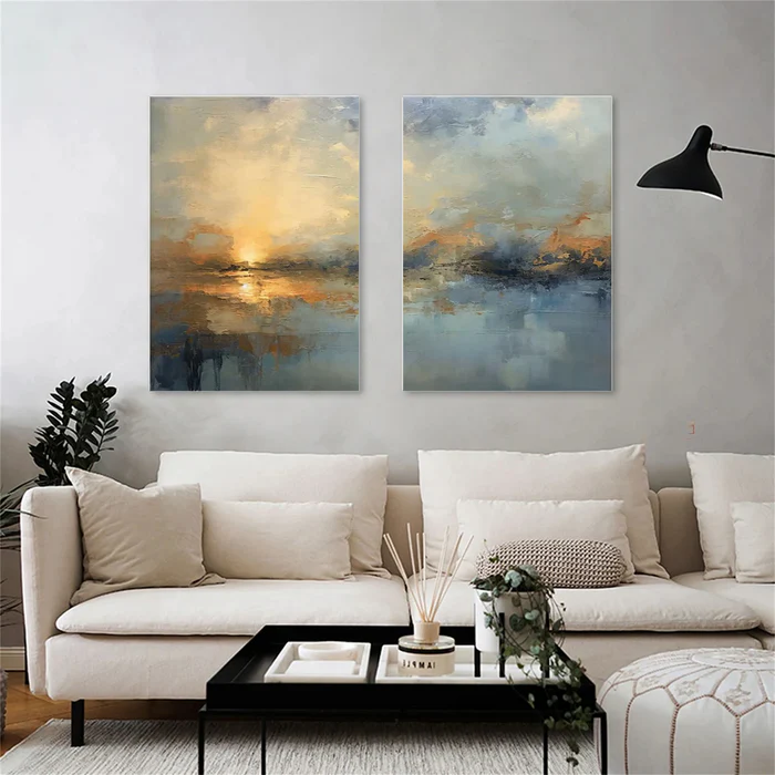 Sunset Reflection – Textured Abstract Landscape Diptych