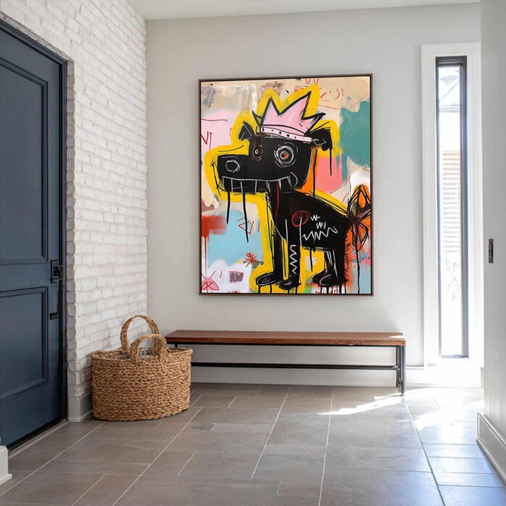 Graffiti Dog Wall Art – Pop Art Crowned Dog Canvas Painting for Modern Home Décor