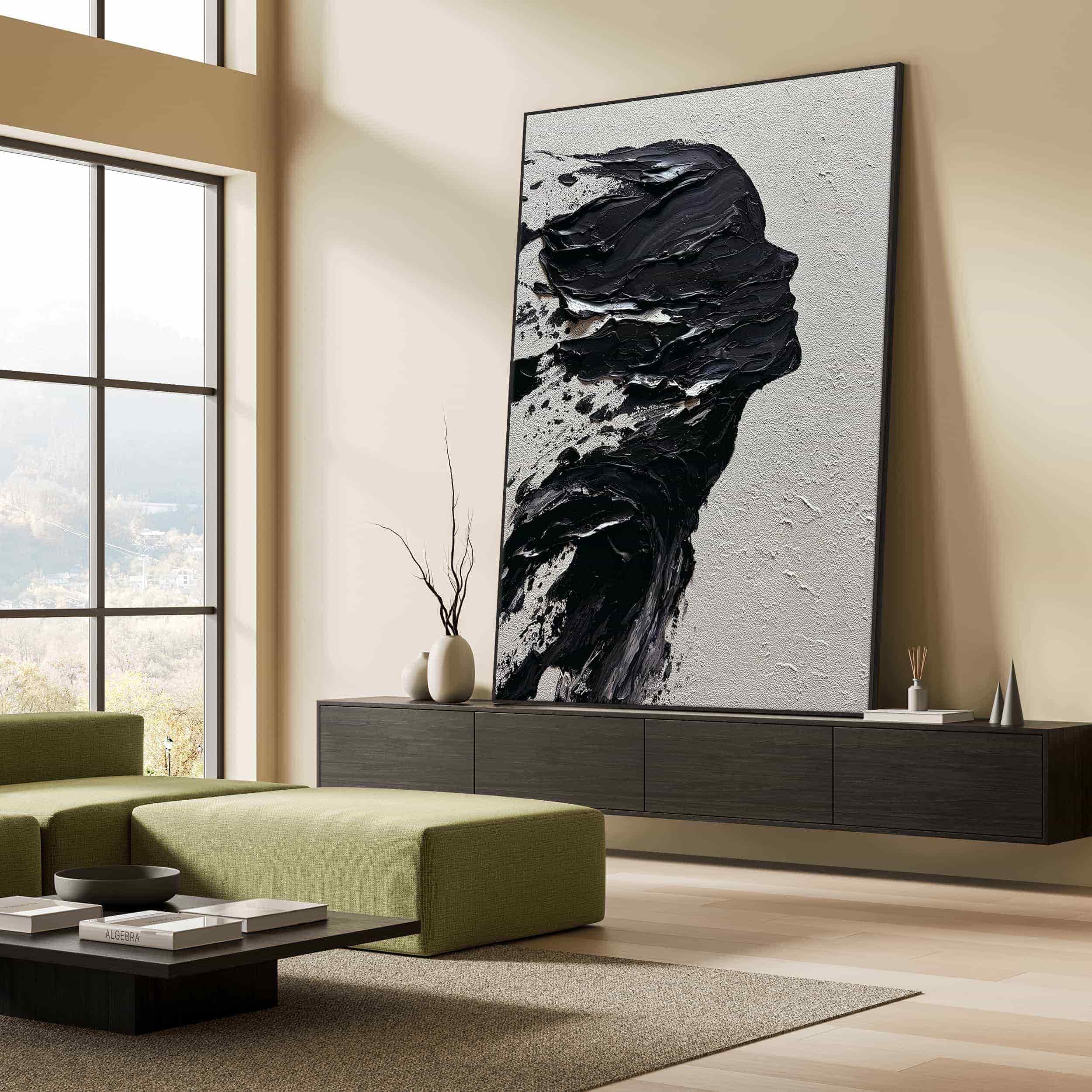 Ethereal Dissolution” – Black Abstract Portrait Wall Art, Textured Minimalist Figure Painting
