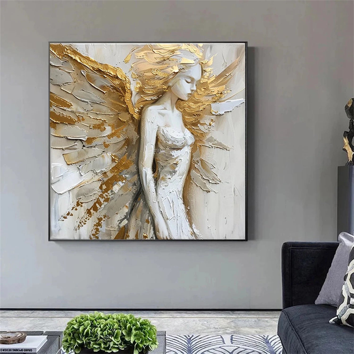 Golden Seraph – Textured Angel Oil Painting Luxury Goddess Wall Art