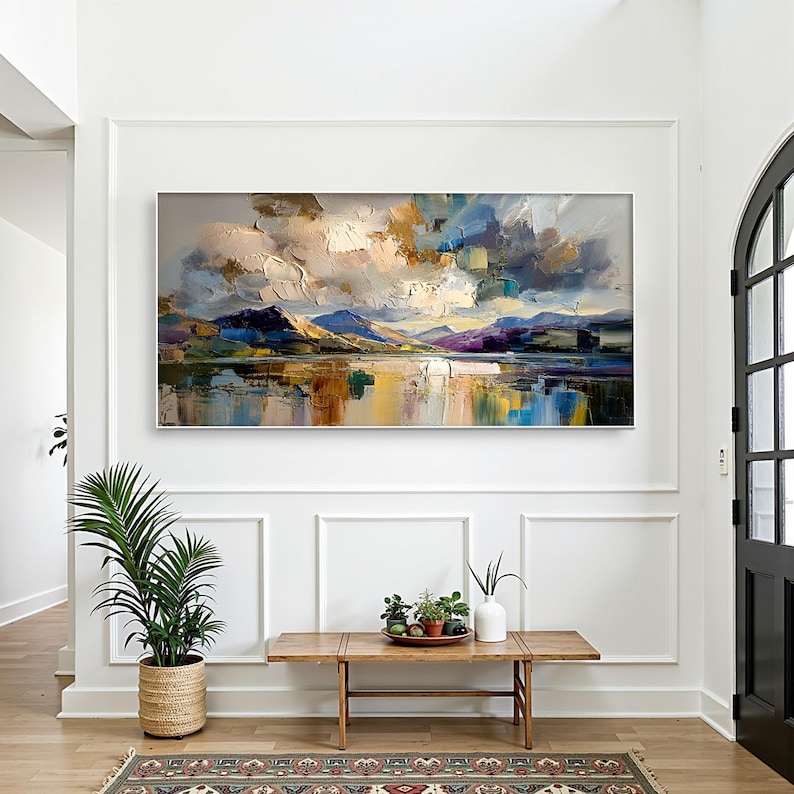 Radiant Horizon - Textured Mountain Lake Abstract Oil Painting