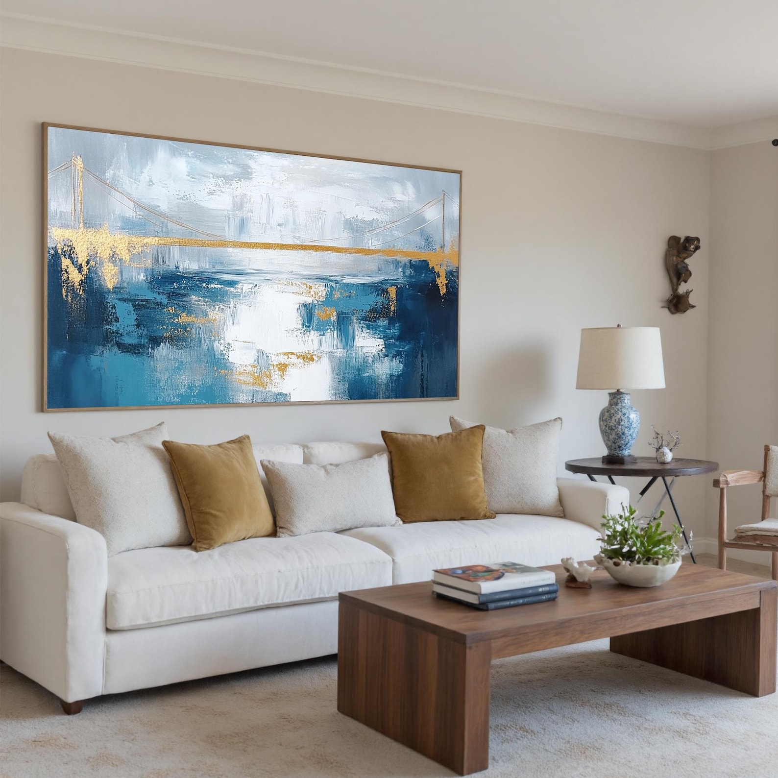 Sunset Reverie – Hand-Painted Textured Oil Painting, Golden & Blue Gray Tones, Wall Art for Living Room