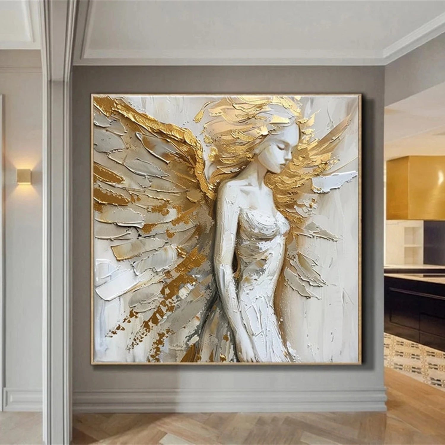 Golden Seraph – Textured Angel Oil Painting Luxury Goddess Wall Art
