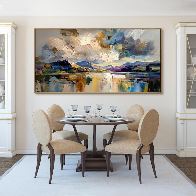 Radiant Horizon - Textured Mountain Lake Abstract Oil Painting