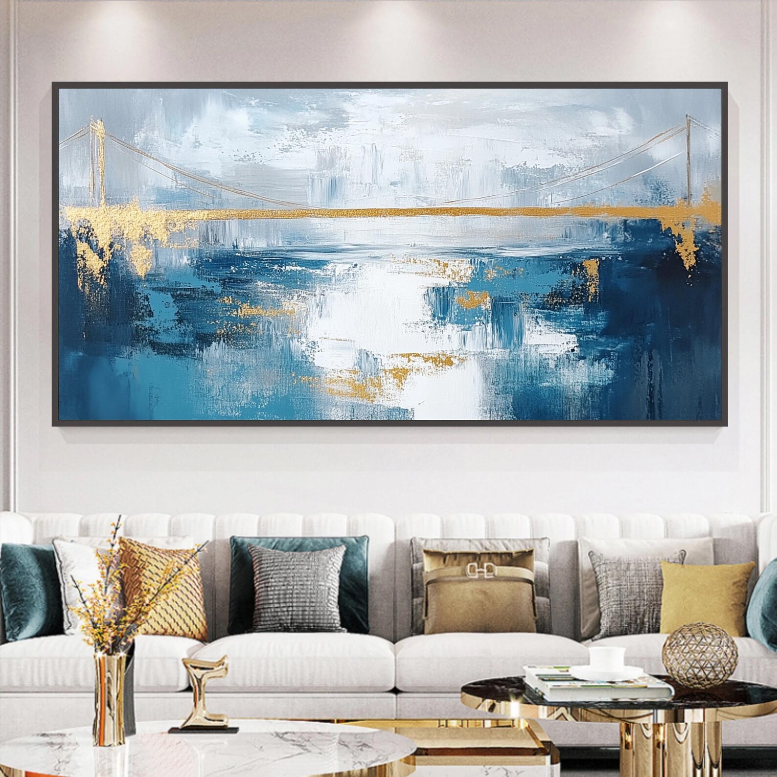 Sunset Reverie – Hand-Painted Textured Oil Painting, Golden & Blue Gray Tones, Wall Art for Living Room