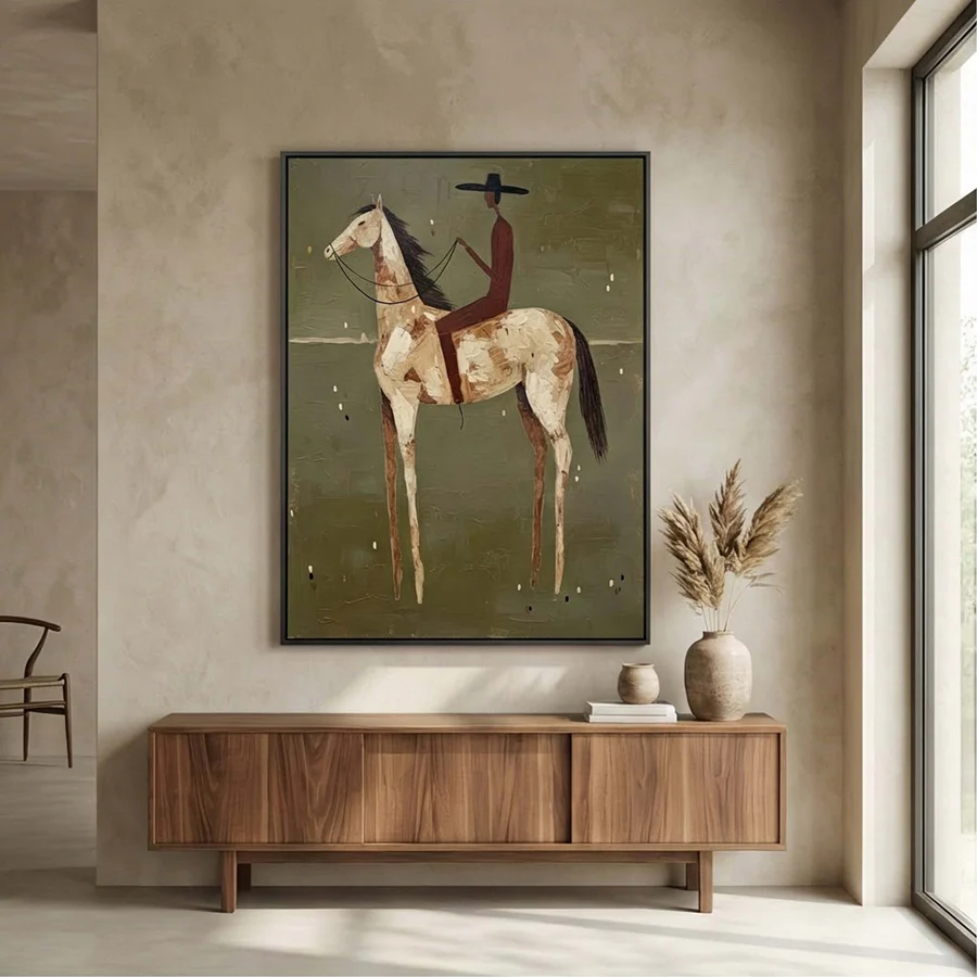 Crimson Rider – Hand-Painted Minimalist Horseback Wall Art