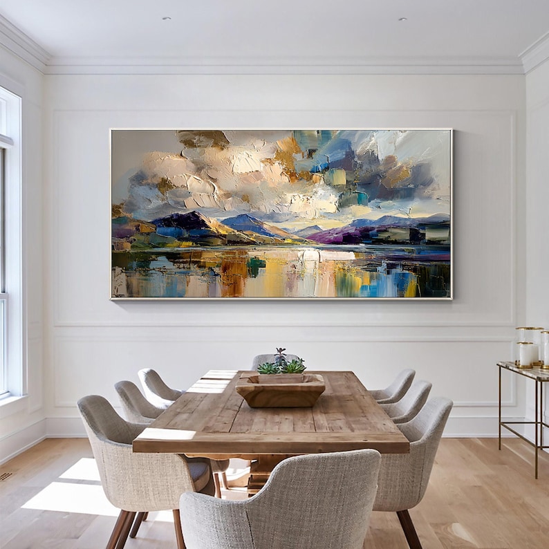 Radiant Horizon - Textured Mountain Lake Abstract Oil Painting