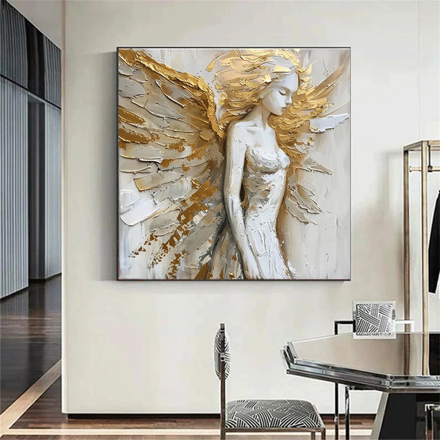 Golden Seraph – Textured Angel Oil Painting Luxury Goddess Wall Art