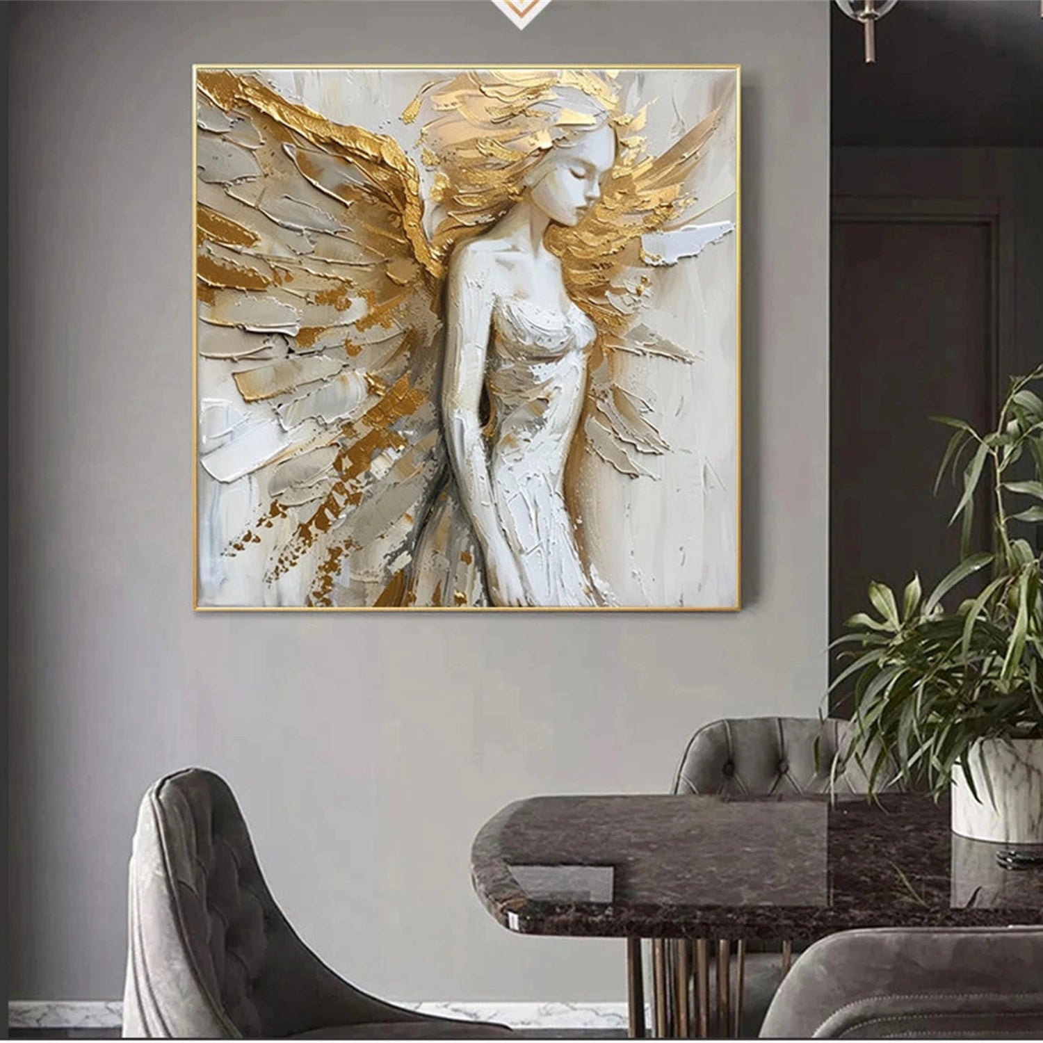 Golden Seraph – Textured Angel Oil Painting Luxury Goddess Wall Art