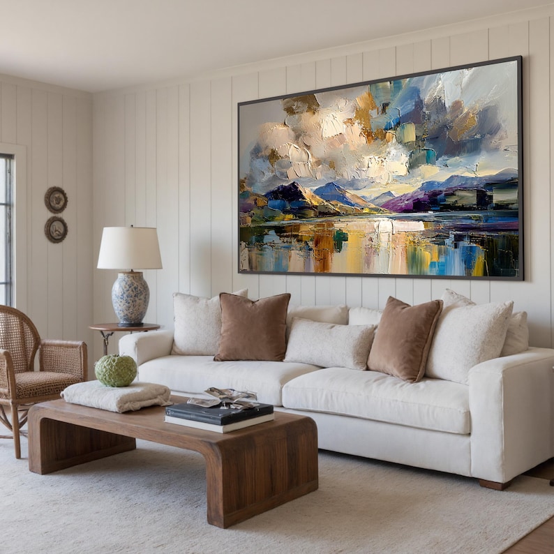 Radiant Horizon - Textured Mountain Lake Abstract Oil Painting