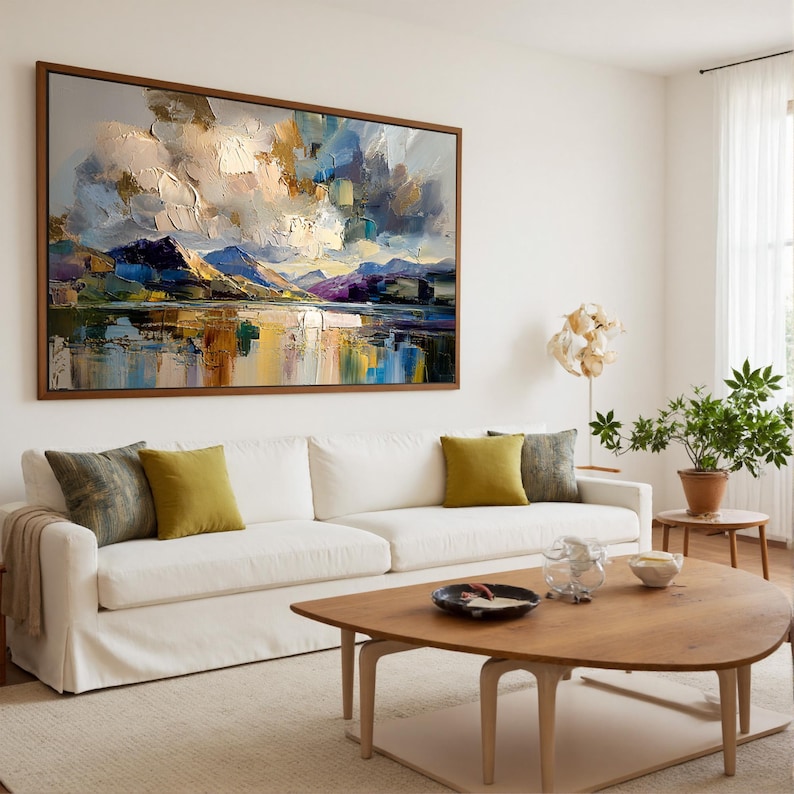 Radiant Horizon - Textured Mountain Lake Abstract Oil Painting