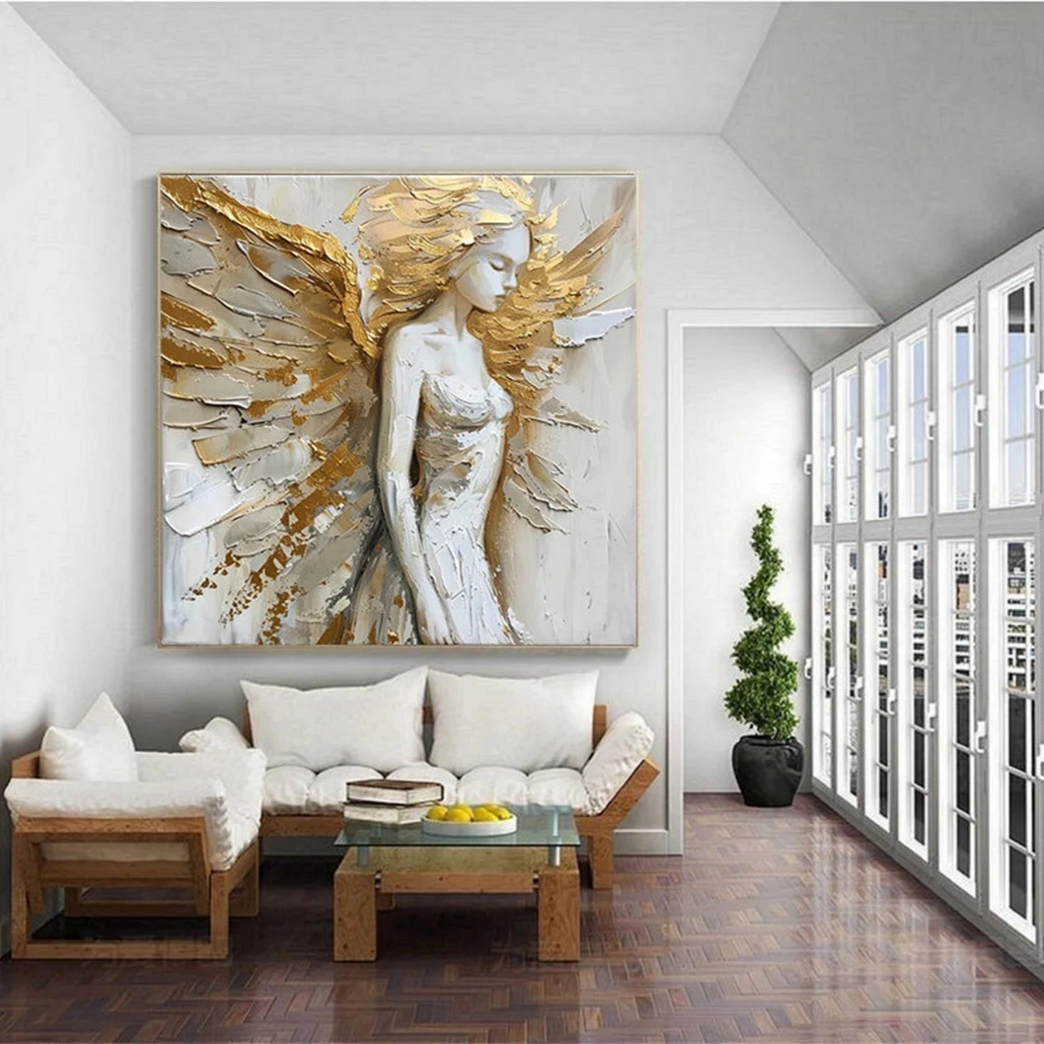 Golden Seraph – Textured Angel Oil Painting Luxury Goddess Wall Art