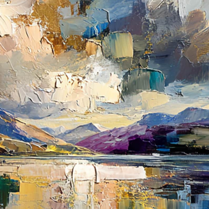 Radiant Horizon - Textured Mountain Lake Abstract Oil Painting