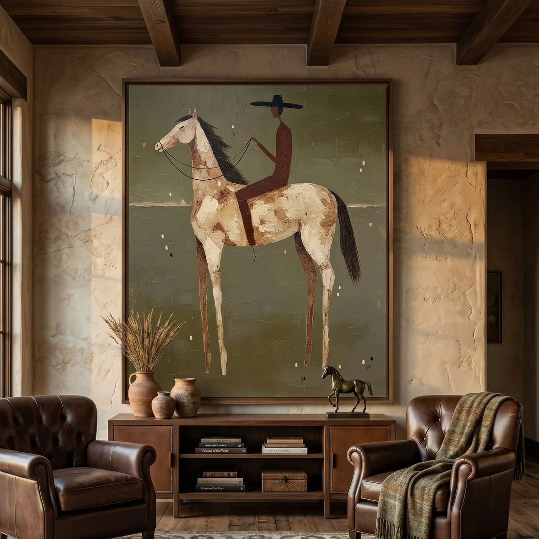 Crimson Rider – Hand-Painted Minimalist Horseback Wall Art