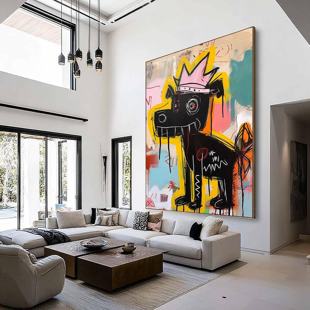 Graffiti Dog Wall Art – Pop Art Crowned Dog Canvas Painting for Modern Home Décor