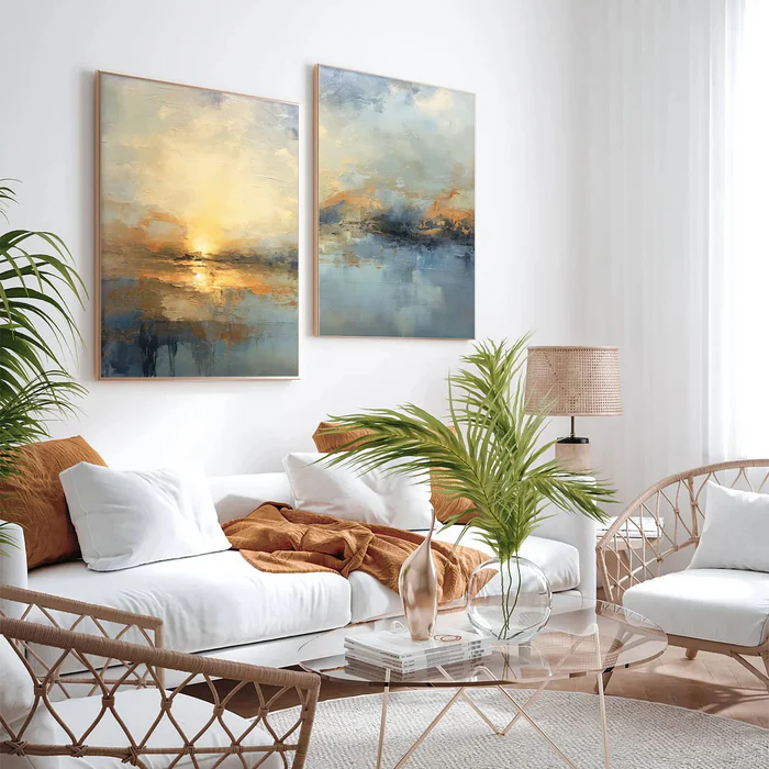 Sunset Reflection – Textured Abstract Landscape Diptych