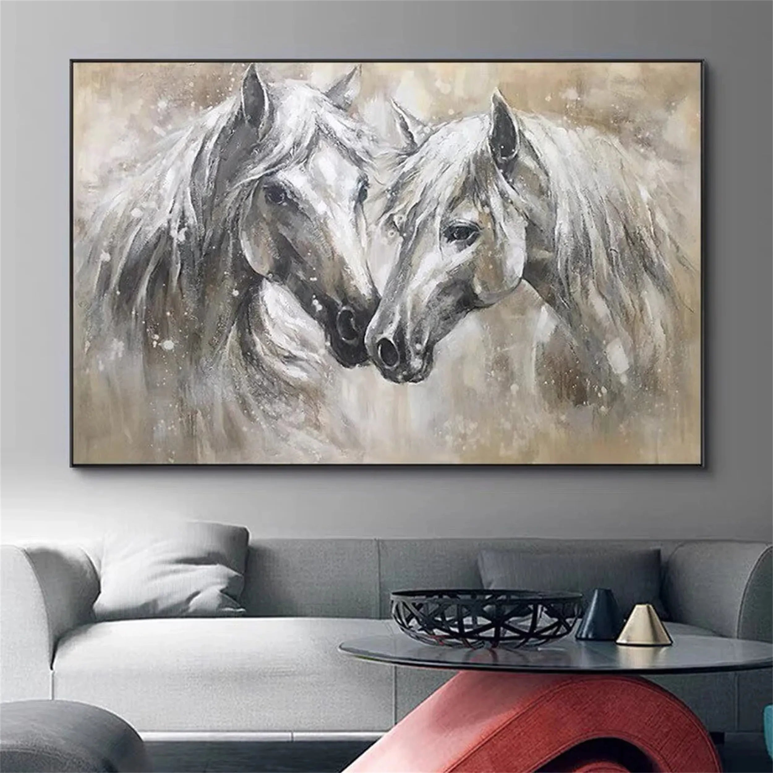 Tender Companions – Neutral Horse Duo Canvas Art