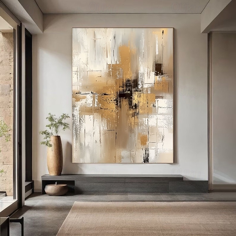 neutral abstract gold textured oil painting modern luxury wall art for living room