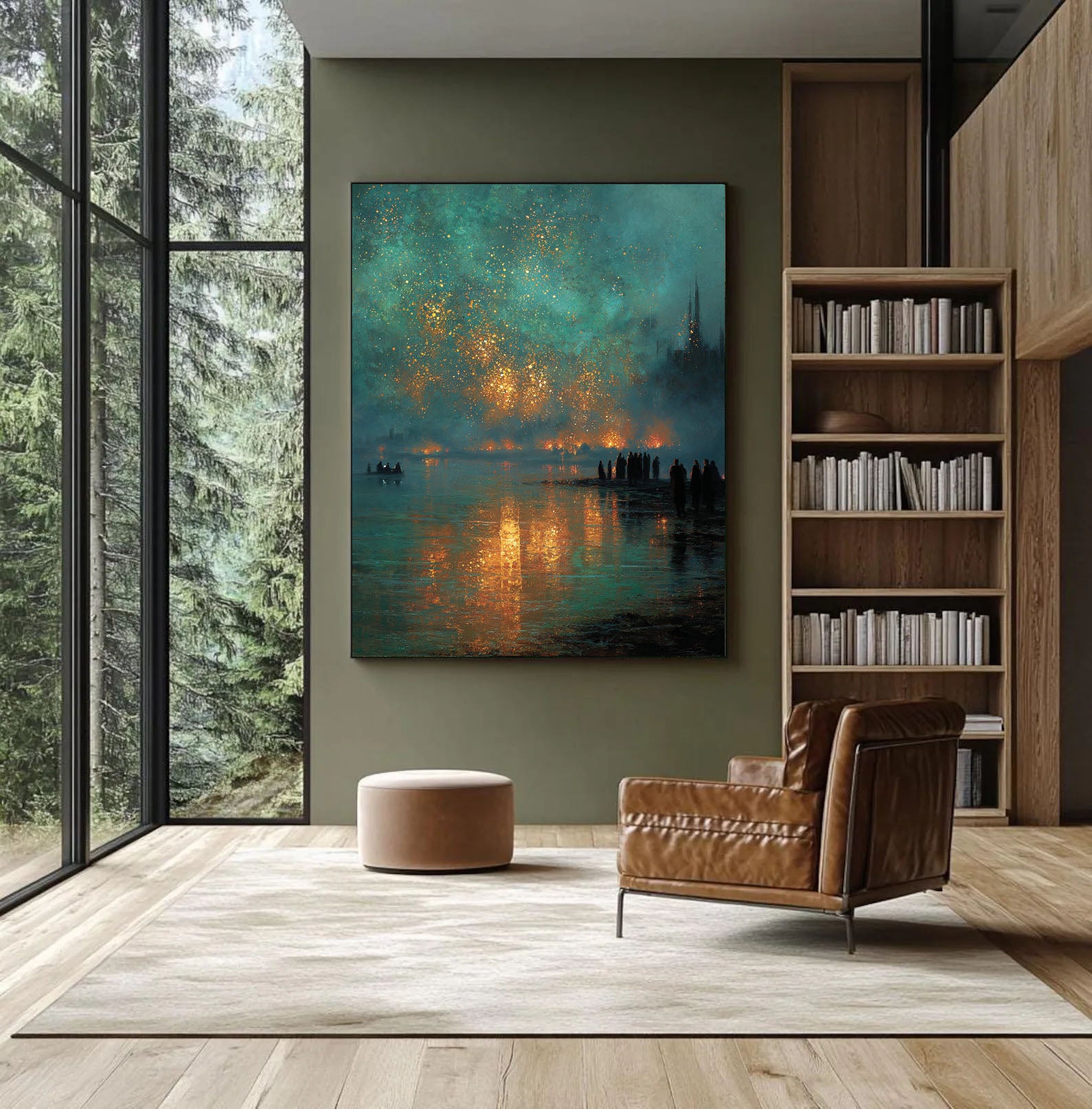 Ember Reflections – Modern City Night Oil Painting Golden Firelight Canvas Art