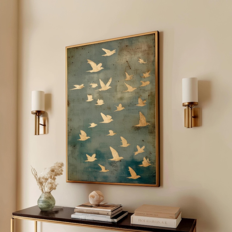 Golden Flight - Minimalist Bird Silhouette Oil Painting