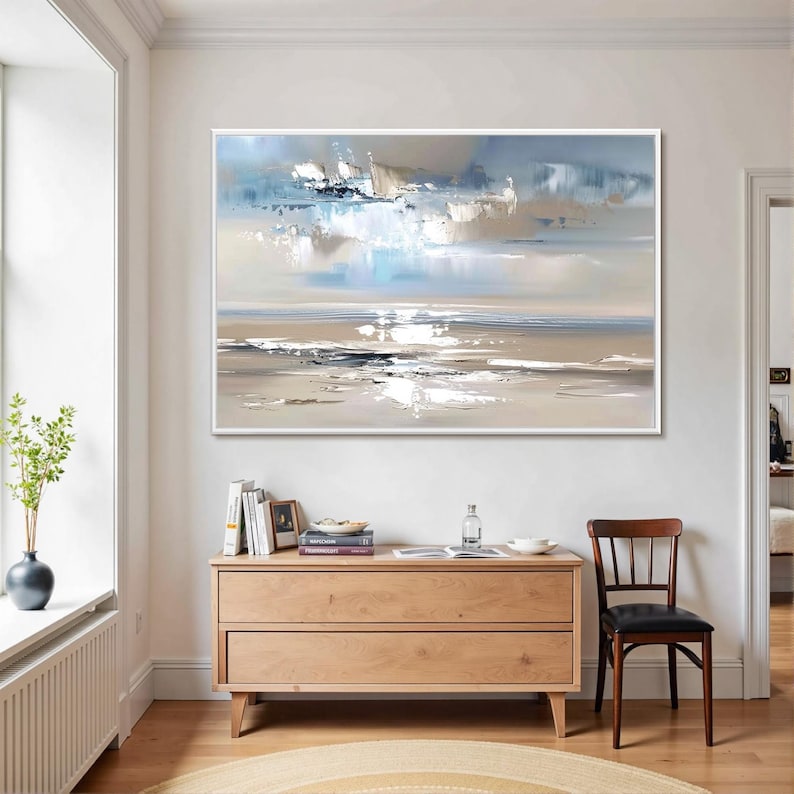 Silver Tide - Neutral Coastal Abstract Oil Painting