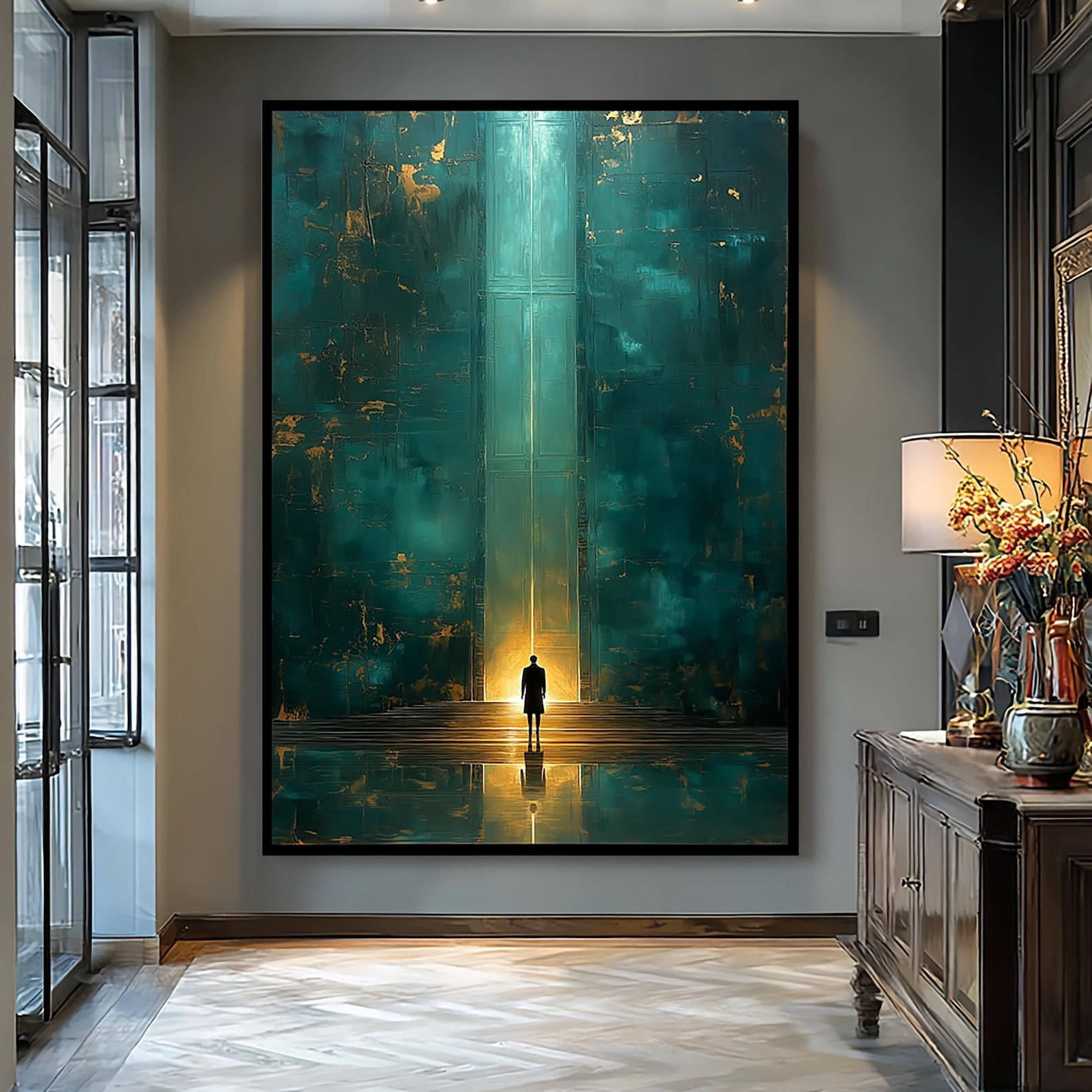 Path of Light – Hand-Painted Abstract Figure in Glowing Portal Oil Painting