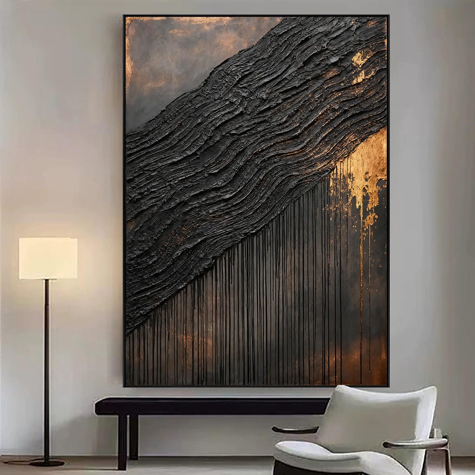 Gilded Strata – Black and Gold Textured Abstract Painting