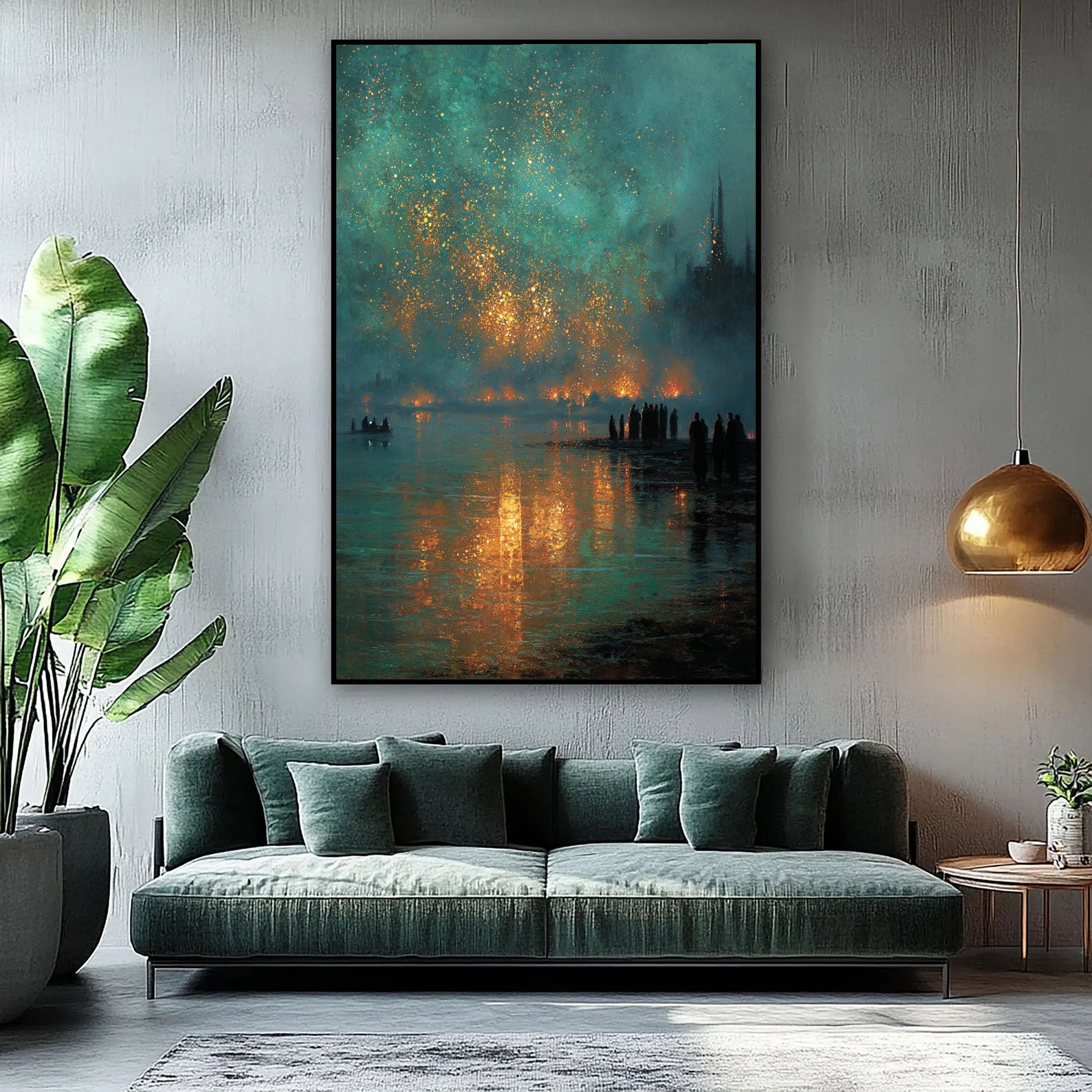 Ember Reflections – Modern City Night Oil Painting Golden Firelight Canvas Art
