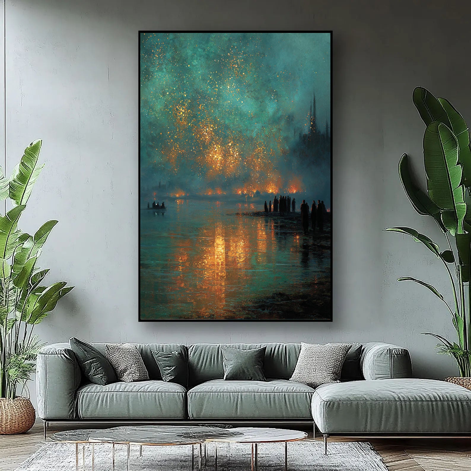 Ember Reflections – Modern City Night Oil Painting Golden Firelight Canvas Art