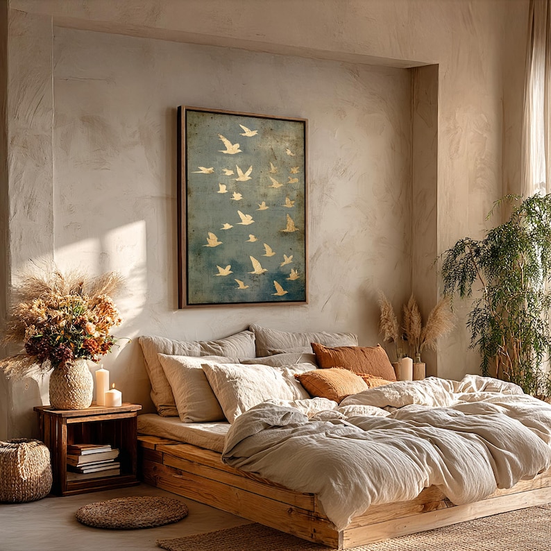 Golden Flight - Minimalist Bird Silhouette Oil Painting