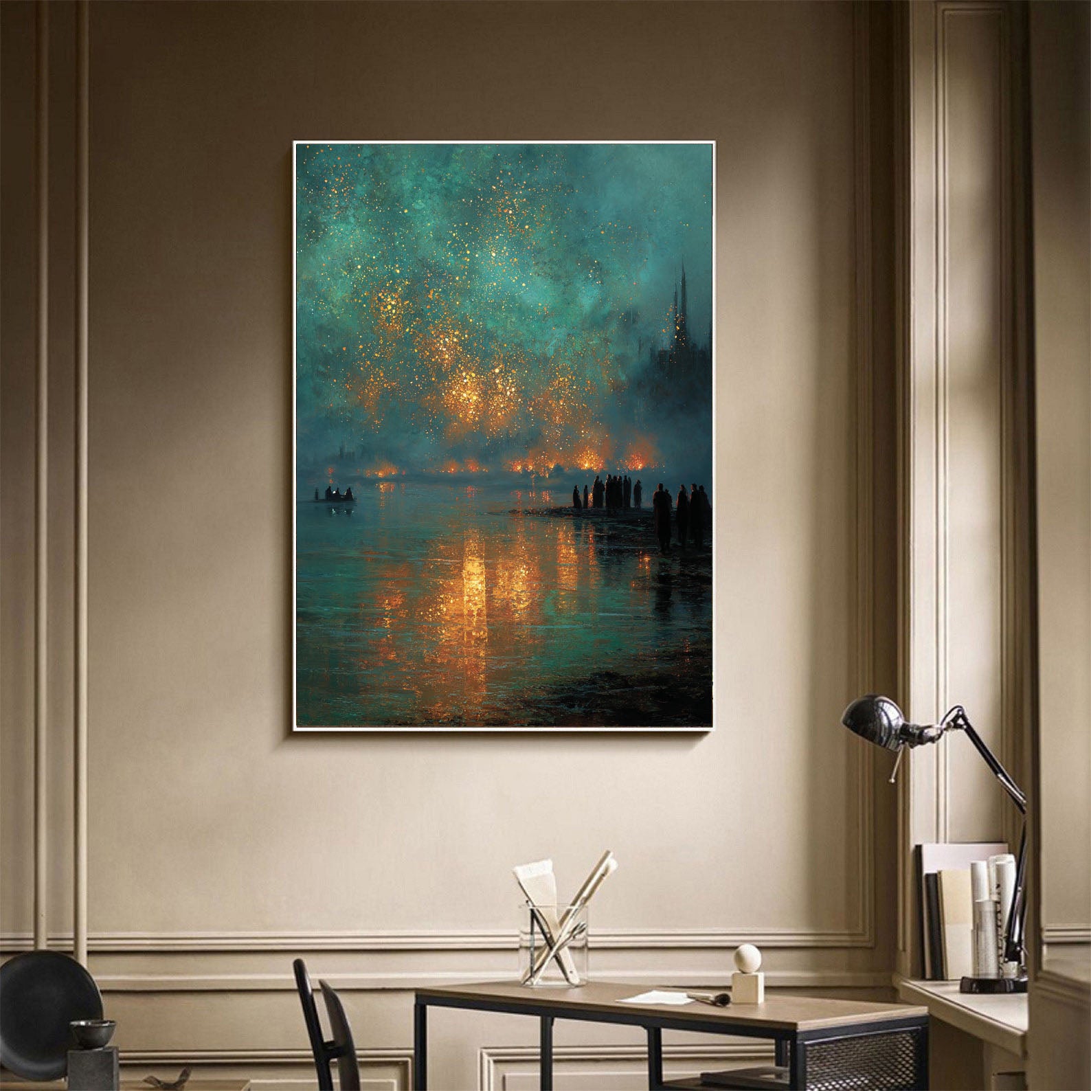 Ember Reflections – Modern City Night Oil Painting Golden Firelight Canvas Art