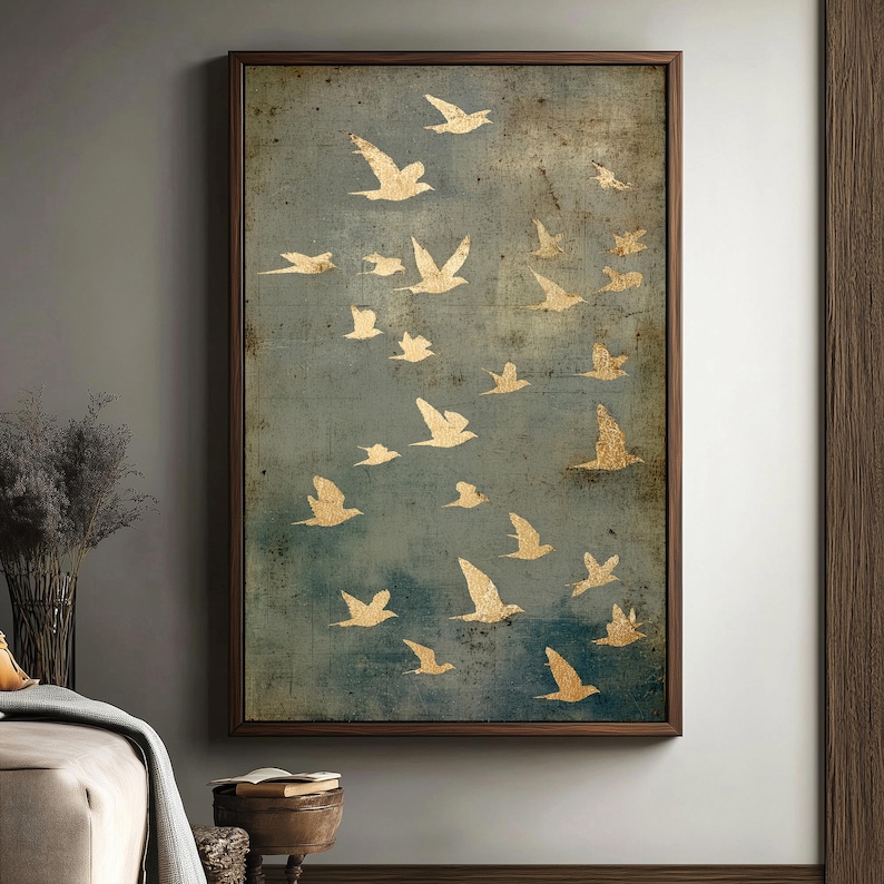 Golden Flight - Minimalist Bird Silhouette Oil Painting