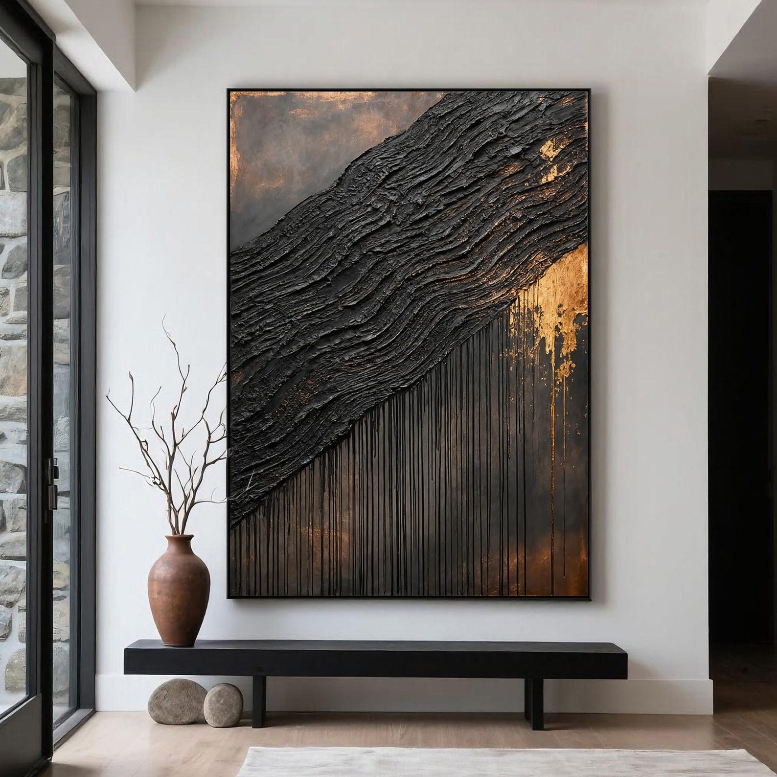 Gilded Strata – Black and Gold Textured Abstract Painting