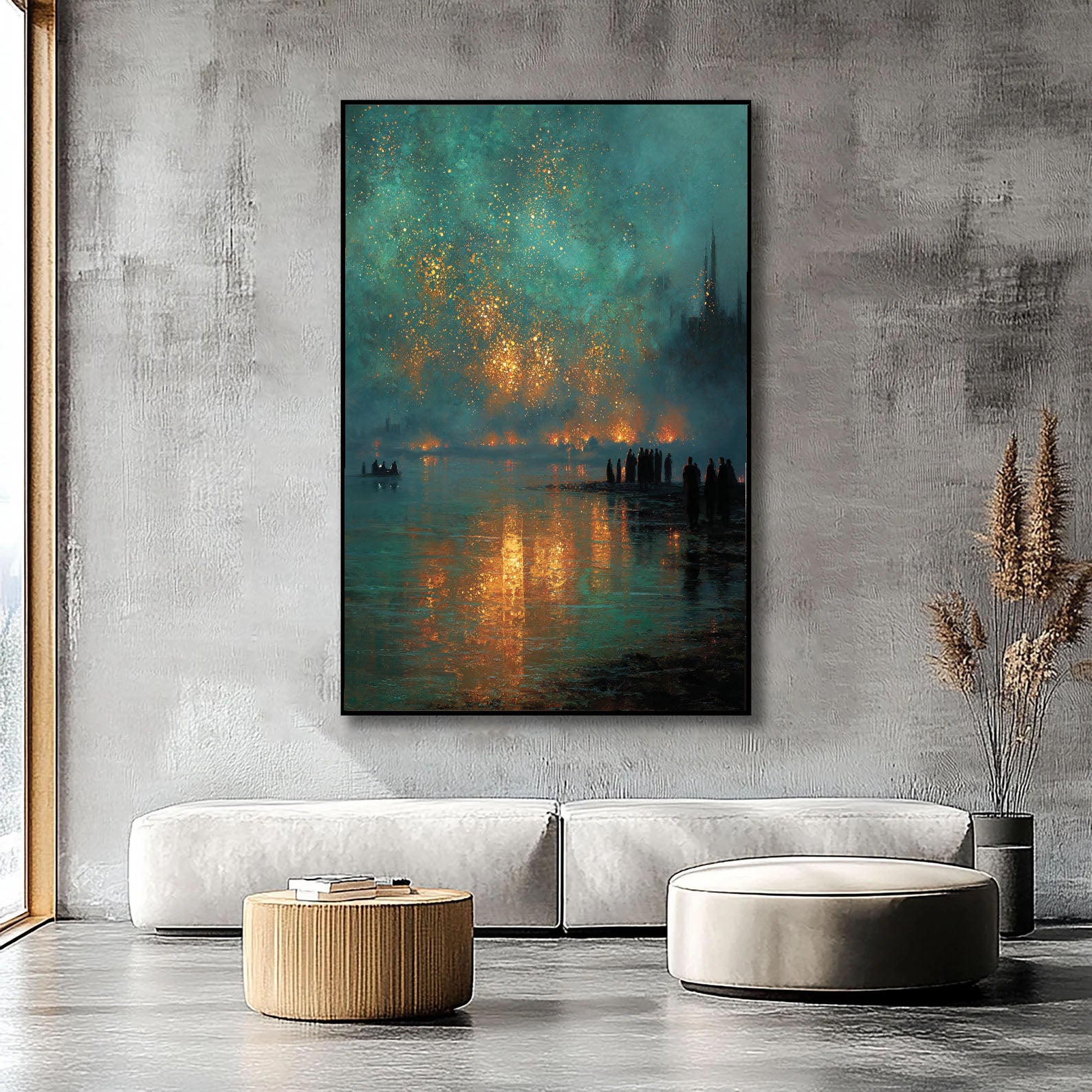 Ember Reflections – Modern City Night Oil Painting Golden Firelight Canvas Art