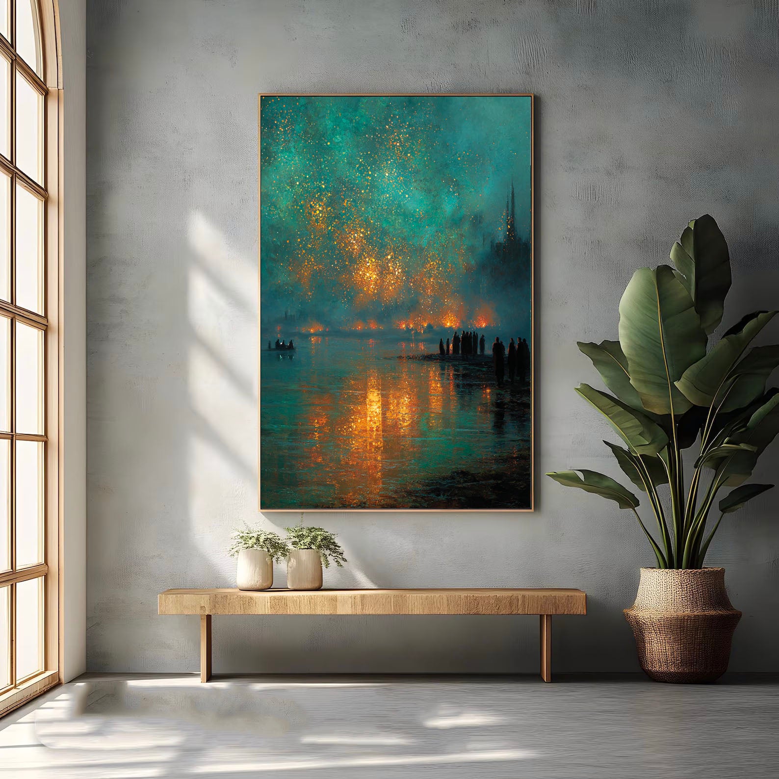 Ember Reflections – Modern City Night Oil Painting Golden Firelight Canvas Art
