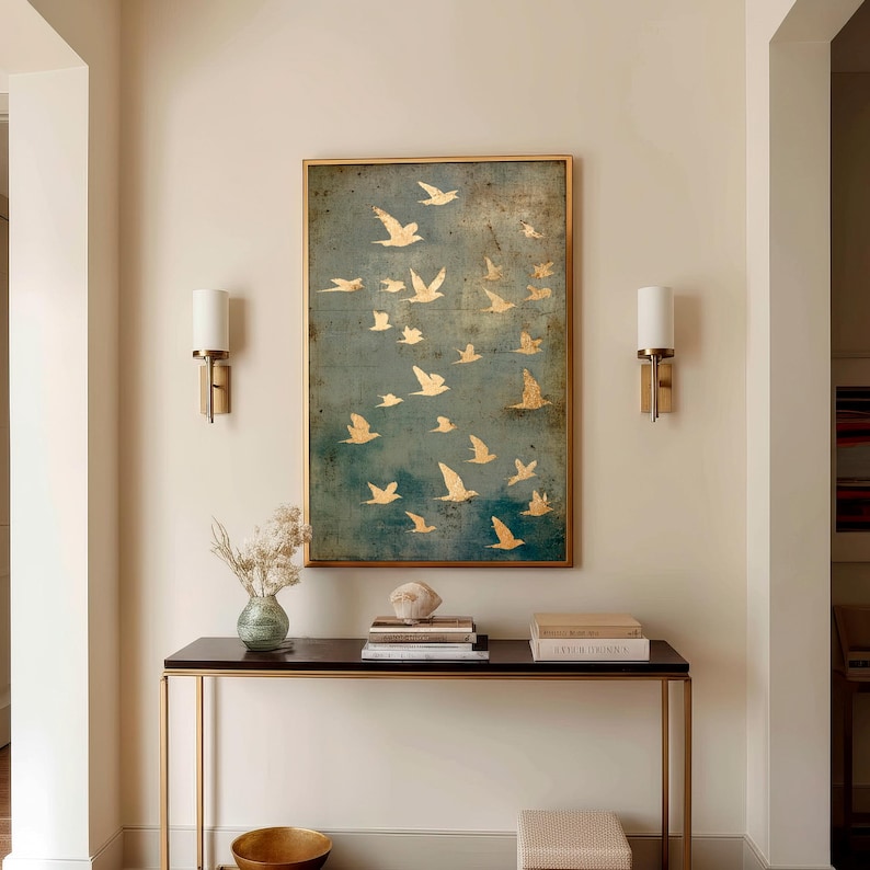 Golden Flight - Minimalist Bird Silhouette Oil Painting