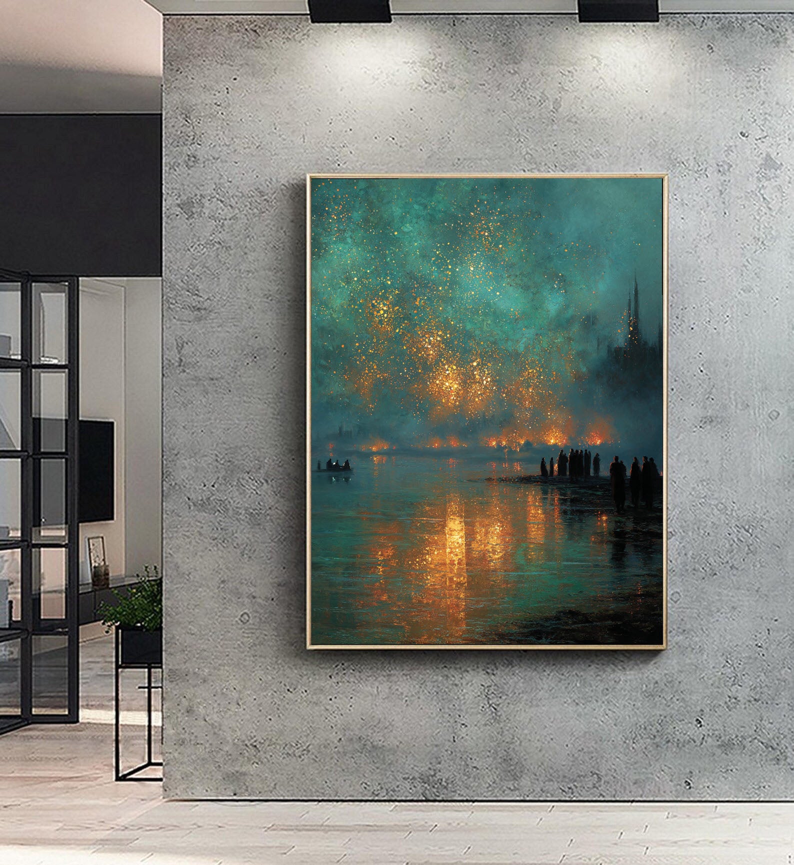 Ember Reflections – Modern City Night Oil Painting Golden Firelight Canvas Art