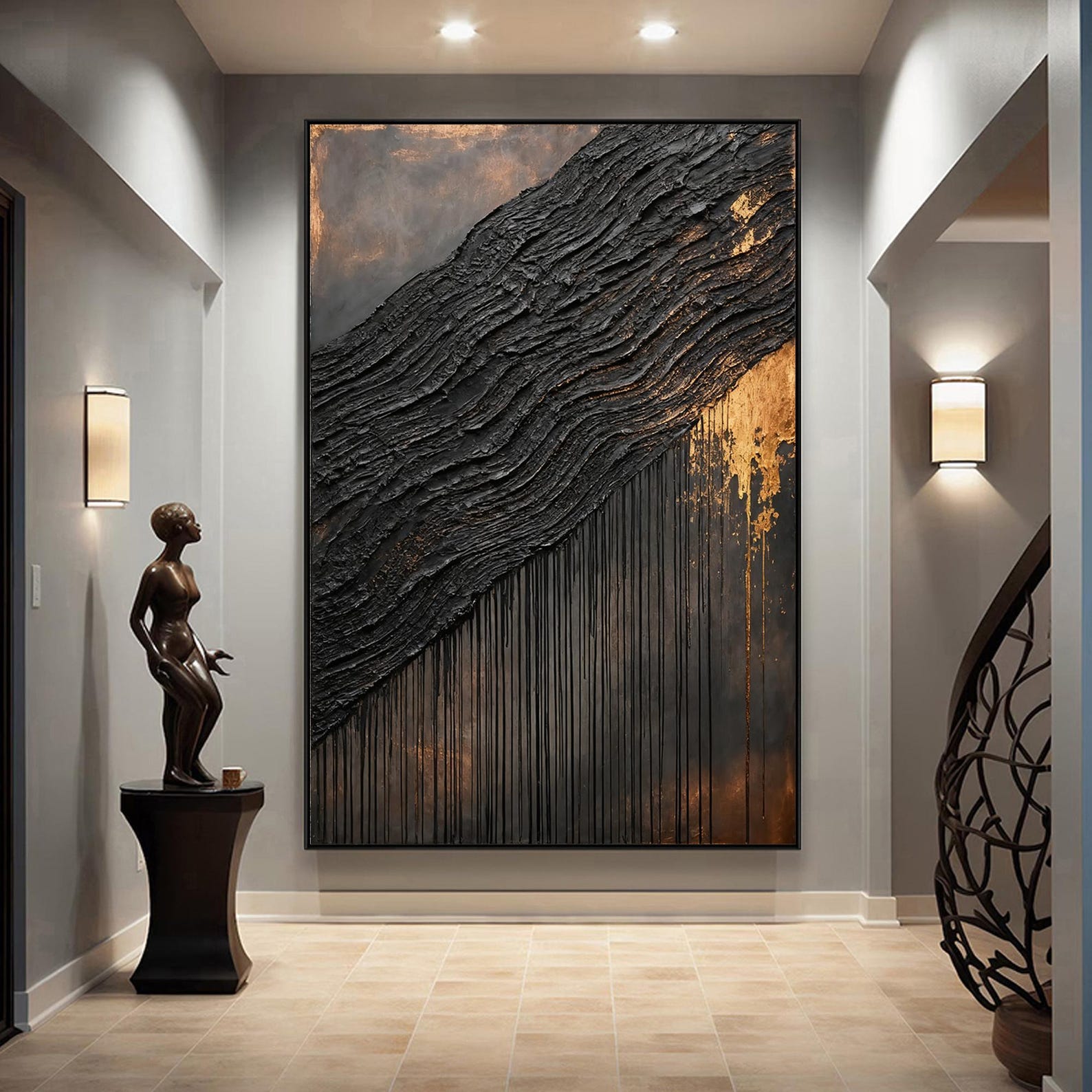 Gilded Strata – Black and Gold Textured Abstract Painting